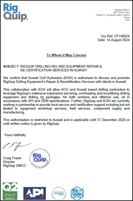 RigQuip certificate to KGH